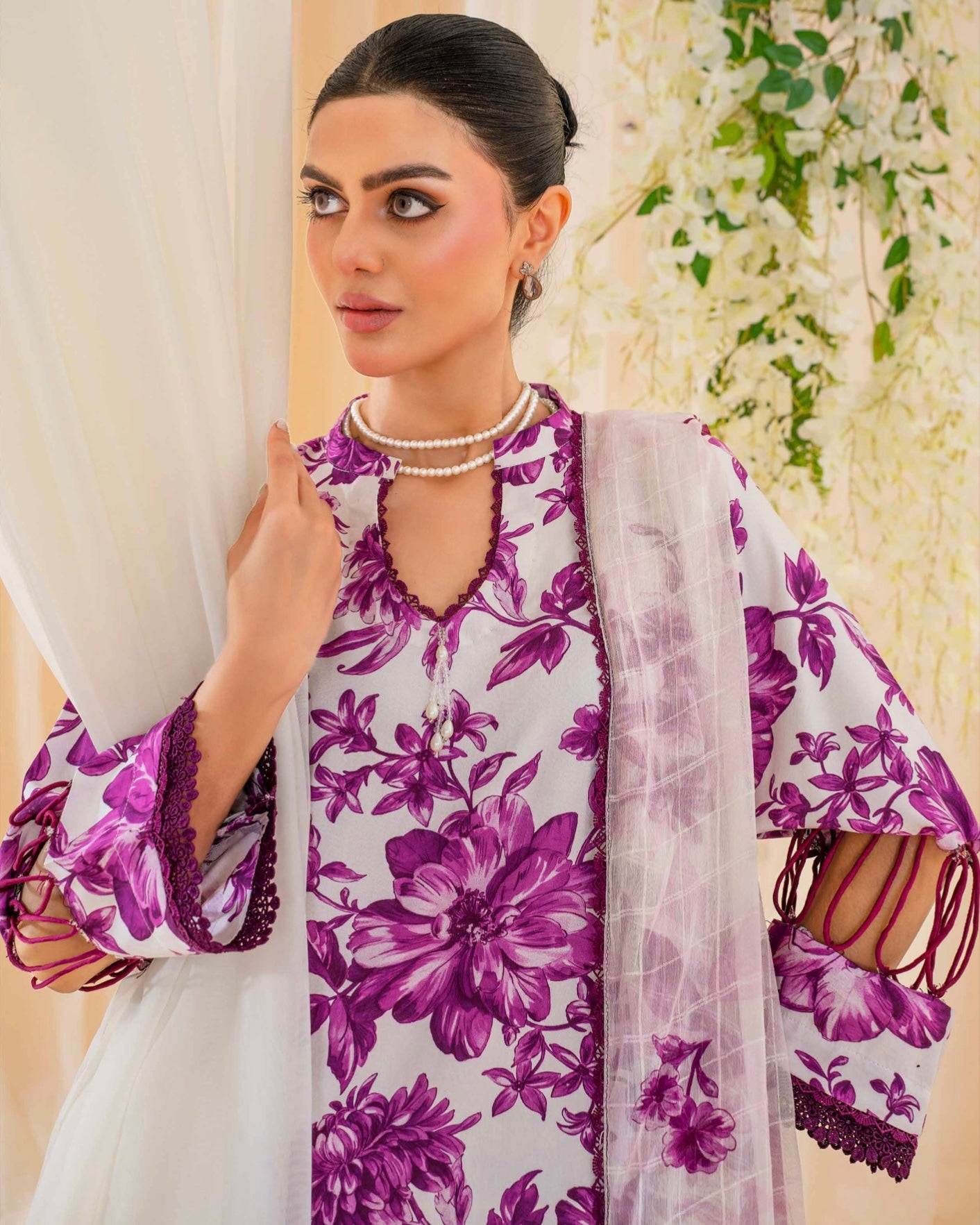 Coral Fall Edit | Printed Linen with Chiffon Dupatta | Design 10