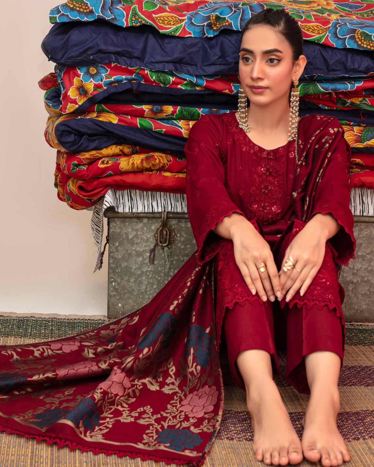 Gullerukh Riwaj | Embroidered Peach Wool with Acrylic Shawl | Design 2