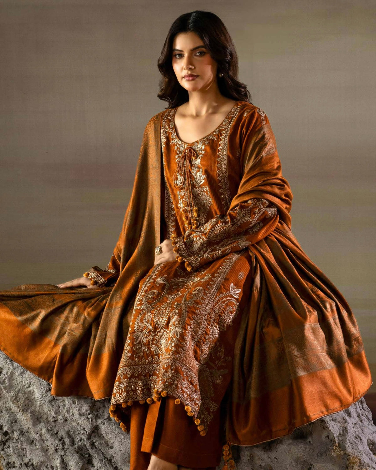 Gullerukh Goonj | Embroidered Stripe Dhanak Wool | Design 4