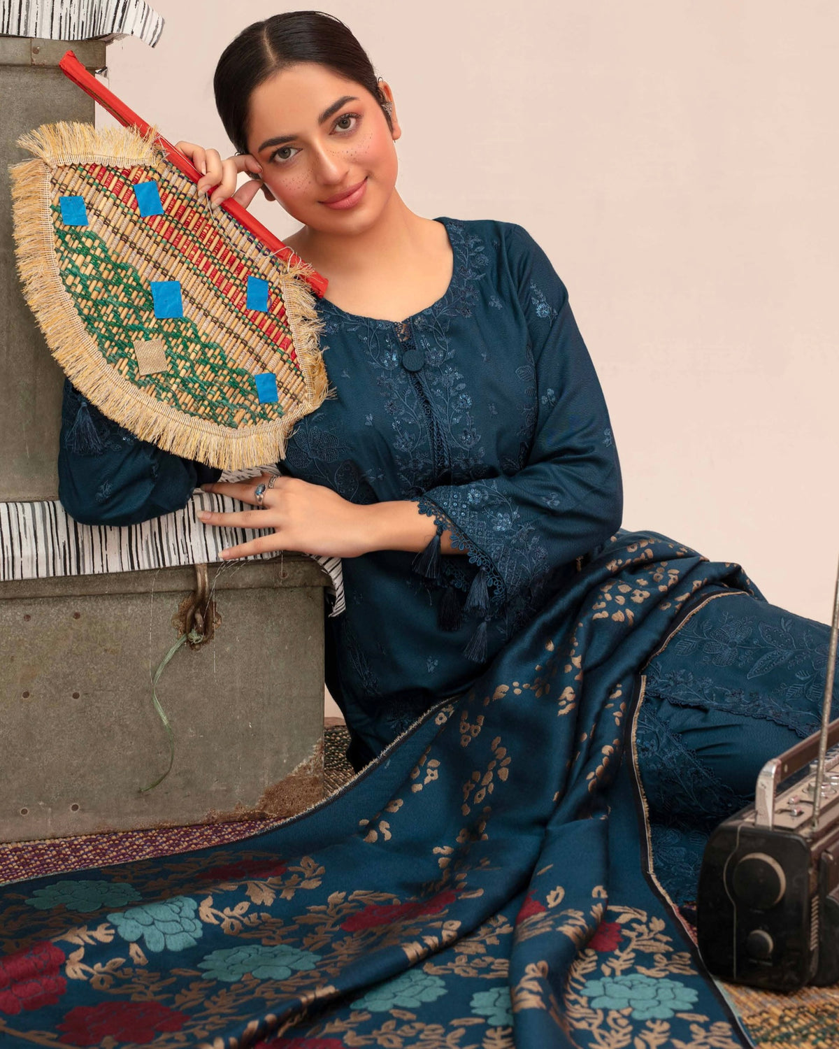Gullerukh Riwaj | Embroidered Peach Wool with Acrylic Shawl | Design 6