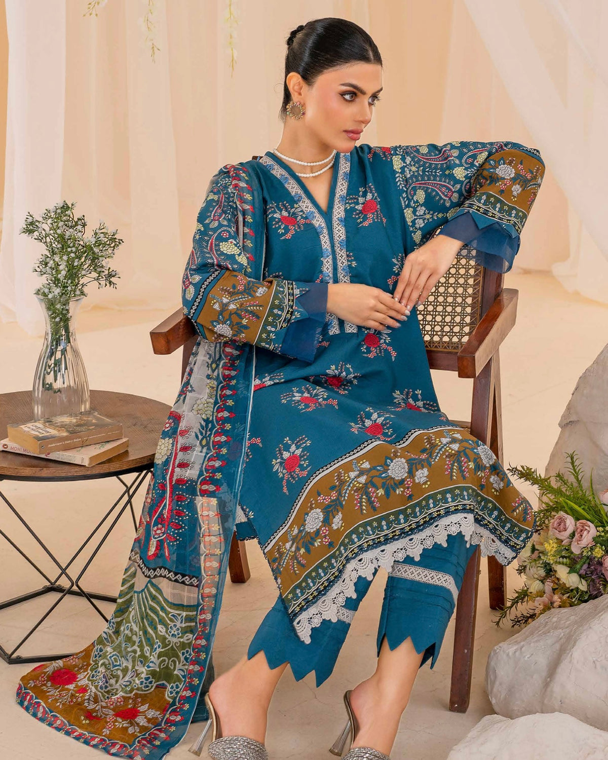 Coral Fall Edit | Printed Linen with Chiffon Dupatta | Design 9