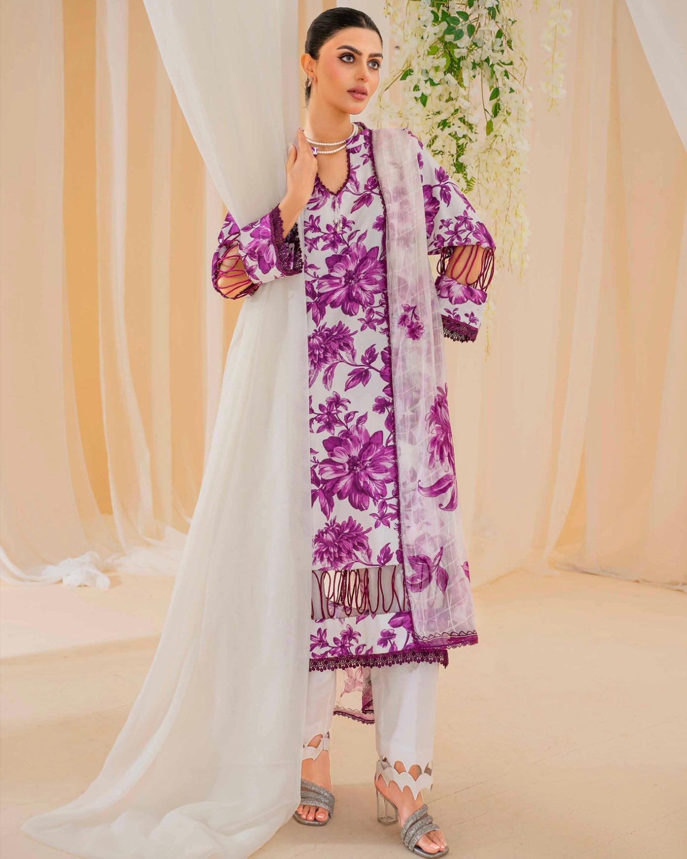 Coral Fall Edit | Printed Linen with Chiffon Dupatta | Design 10