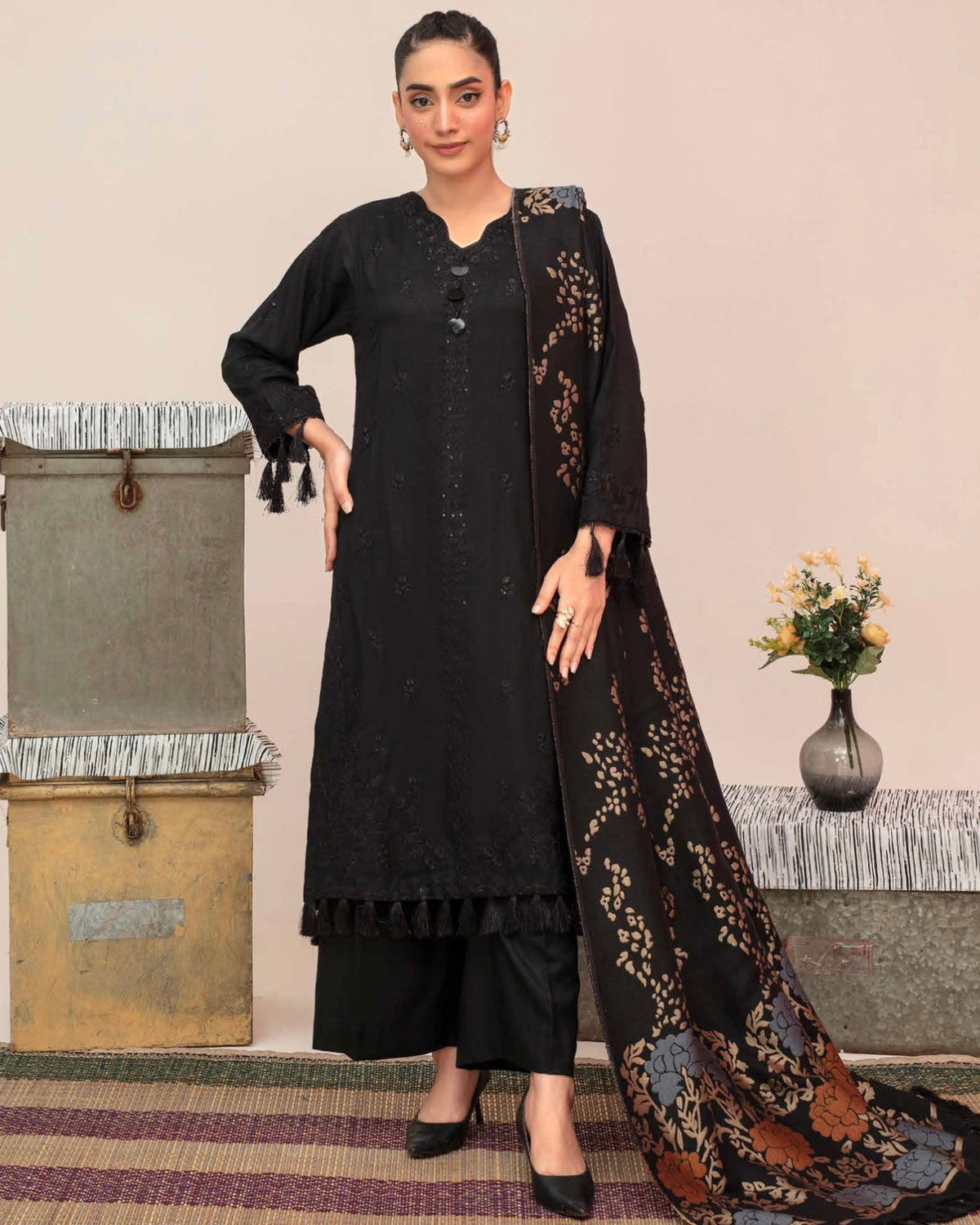 Gullerukh Riwaj | Embroidered Peach Wool with Acrylic Shawl | Design 1