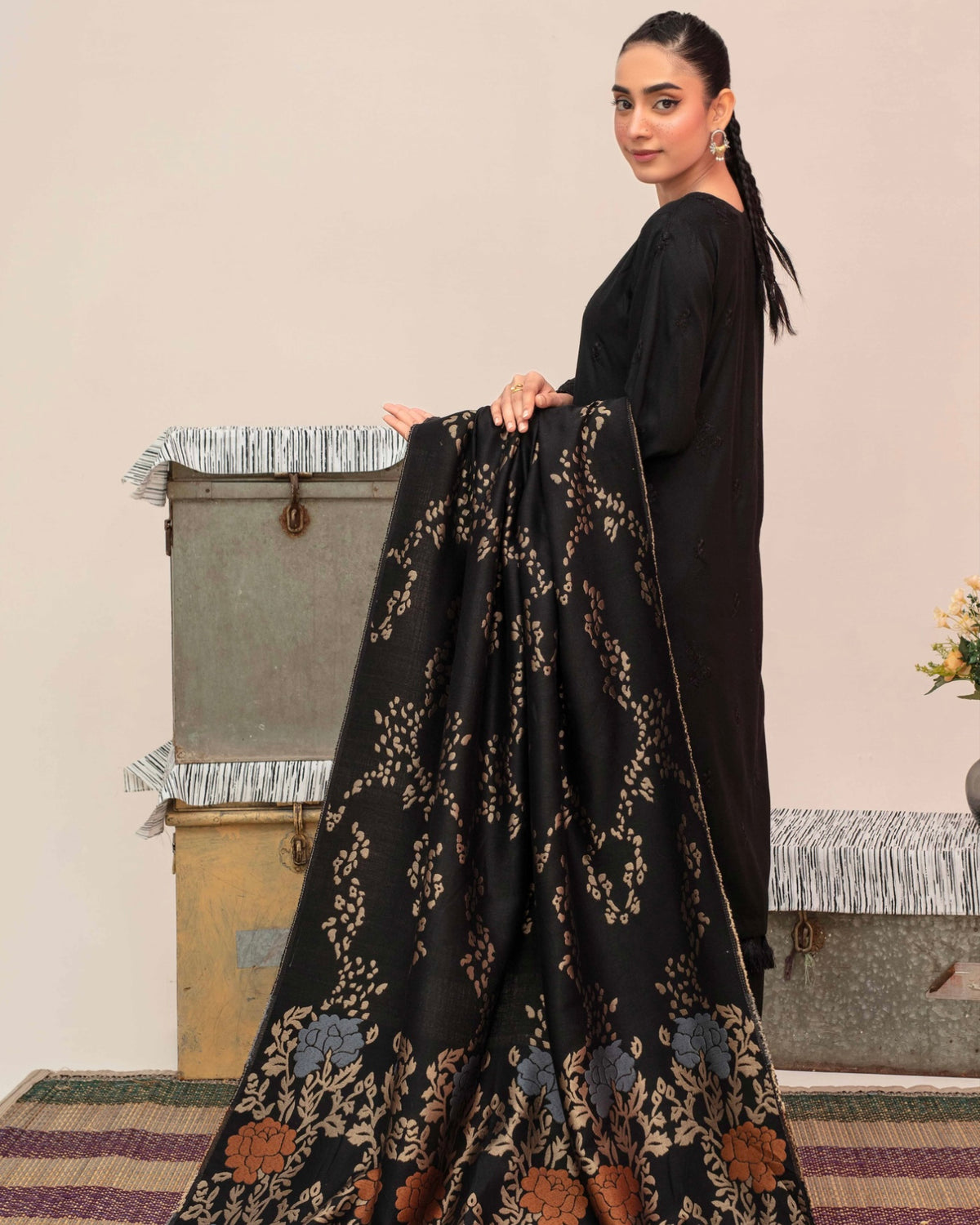 Gullerukh Riwaj | Embroidered Peach Wool with Acrylic Shawl | Design 1