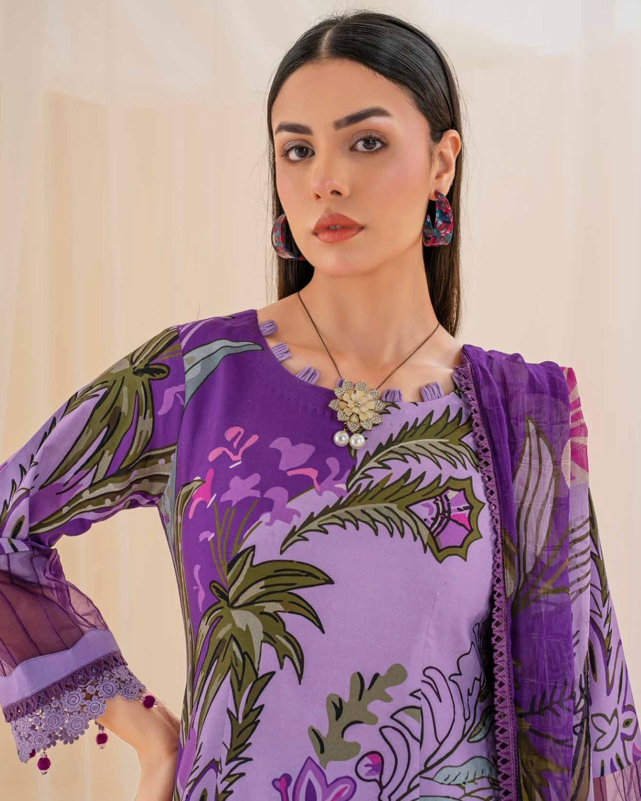 Coral Fall Edit | Printed Linen with Chiffon Dupatta | Design 1