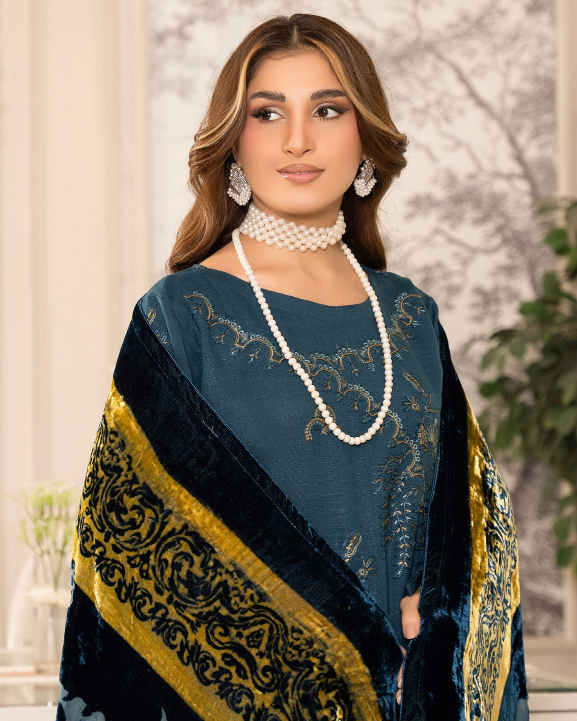 Rangreet | Embroidered Zari Dhanak | Plachi Shawl | Design 1