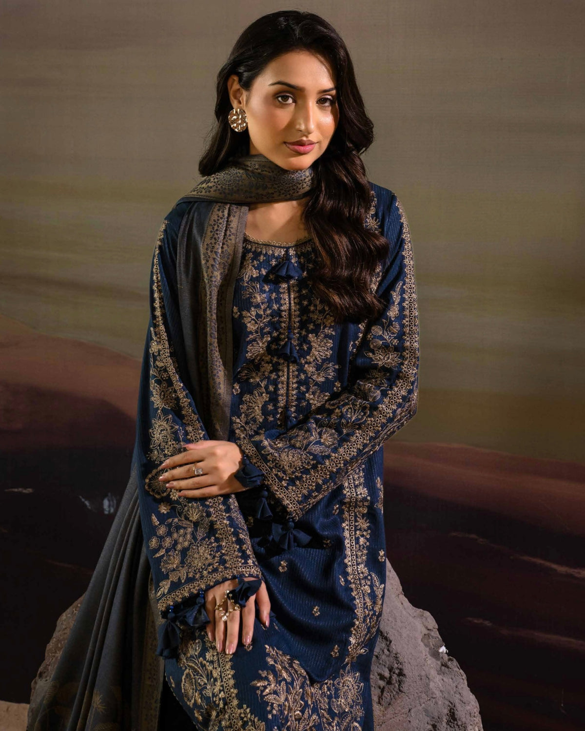 Gullerukh Goonj | Embroidered Stripe Dhanak Wool | Design 1