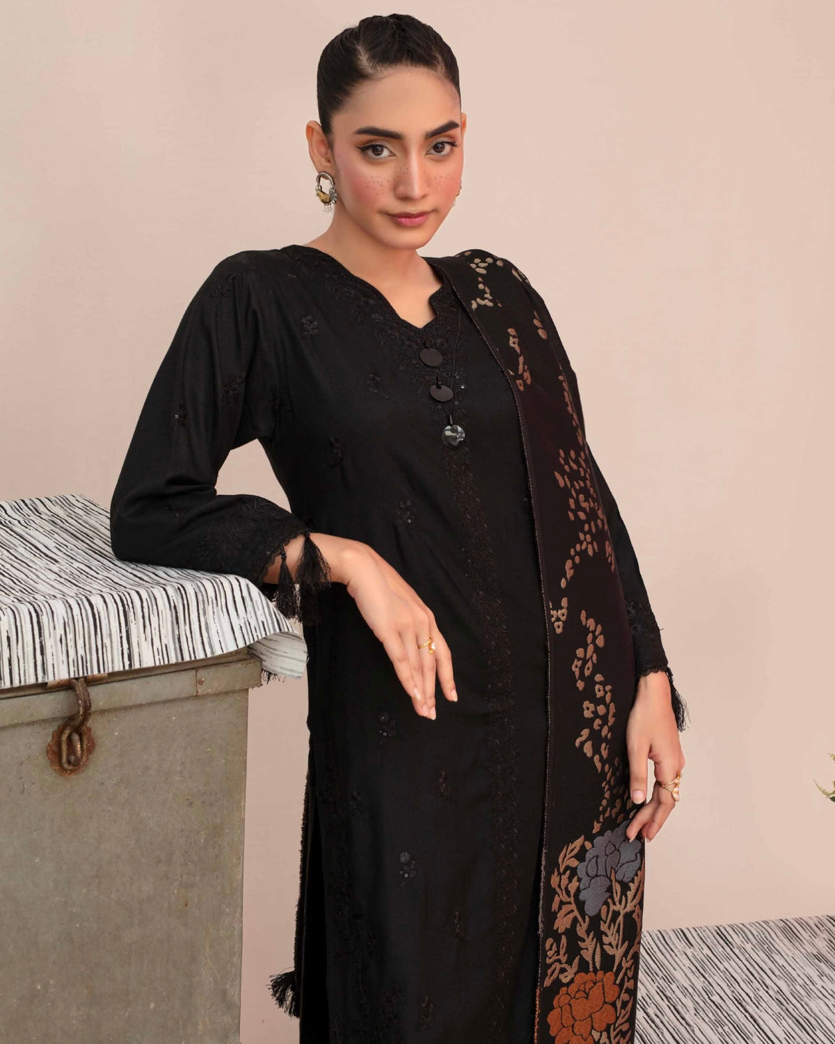 Gullerukh Riwaj | Embroidered Peach Wool with Acrylic Shawl | Design 1