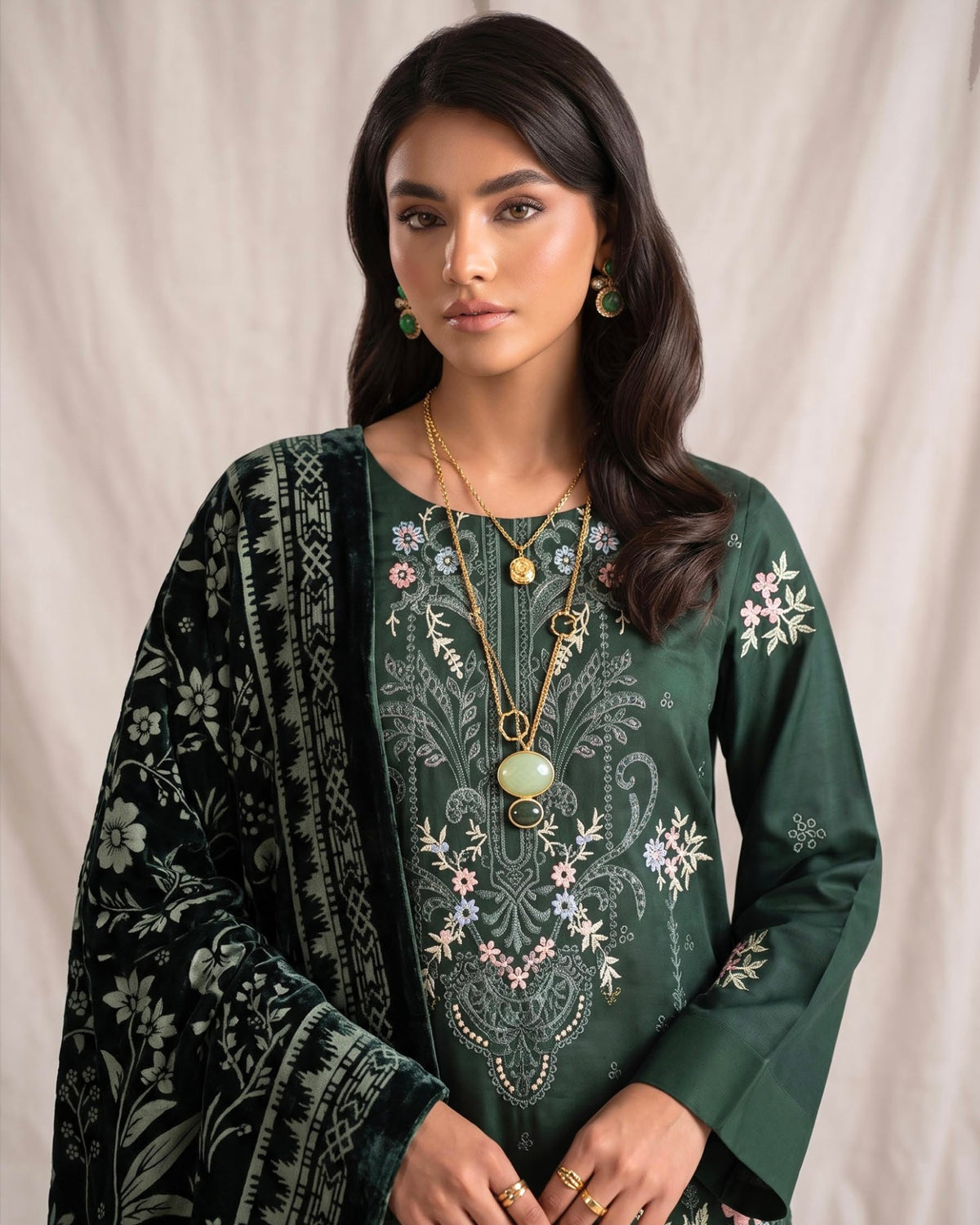 Aizy Zelora | Emb Zari Dhanak with Plachi Shawl | Design 1