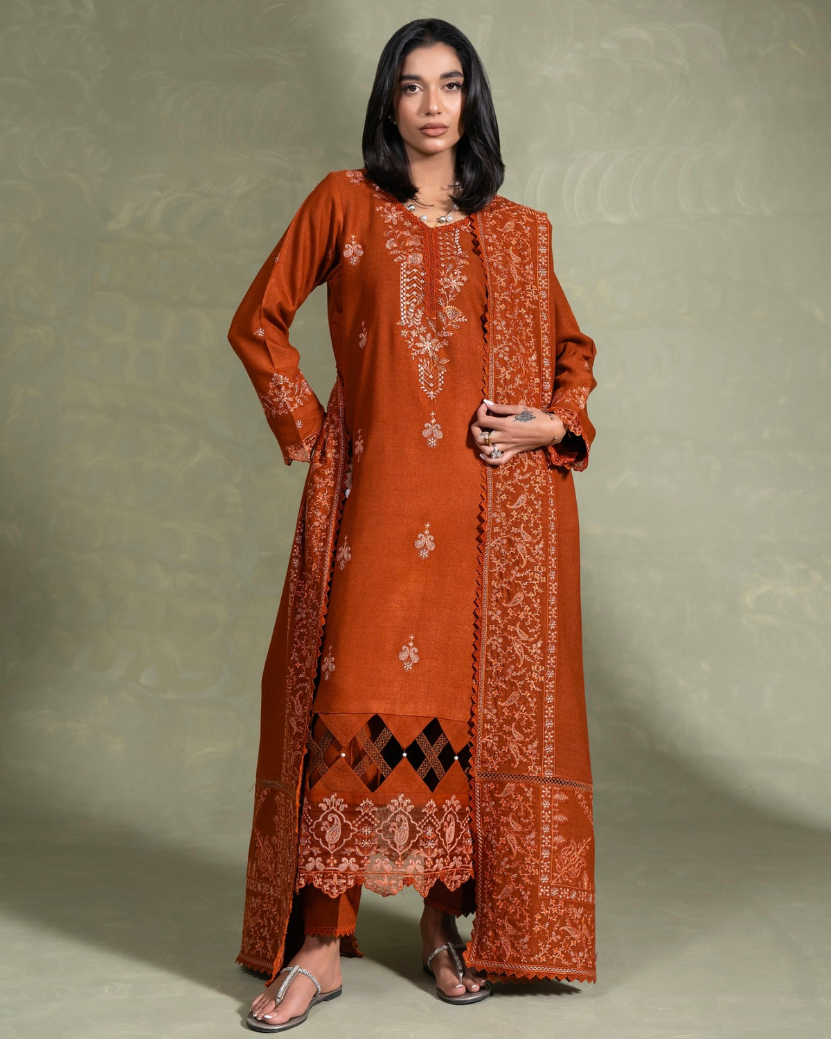 Coral Winter Series | Embroidered Peach Leather | Design 2