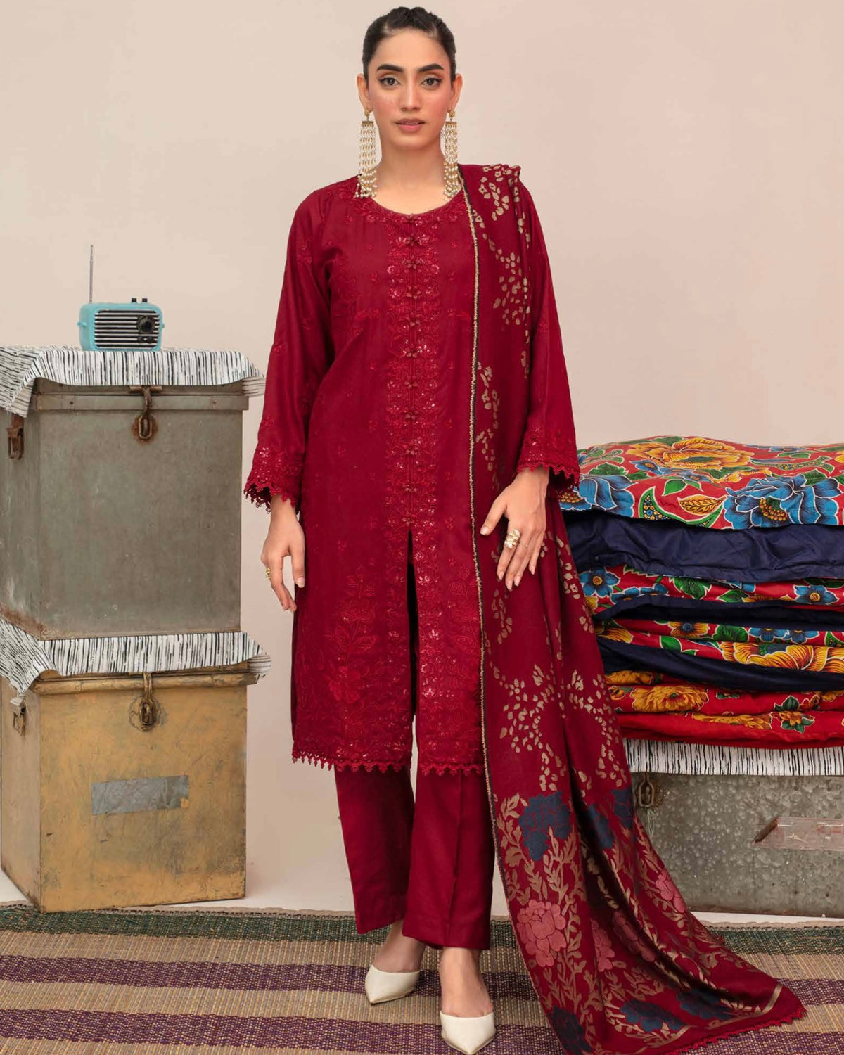 Gullerukh Riwaj | Embroidered Peach Wool with Acrylic Shawl | Design 2