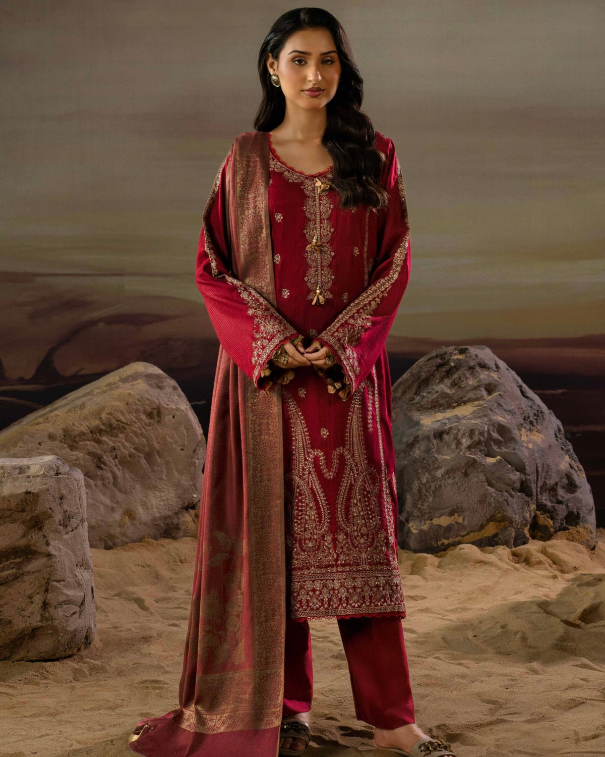 Gullerukh Goonj | Embroidered Stripe Dhanak Wool | Design 2