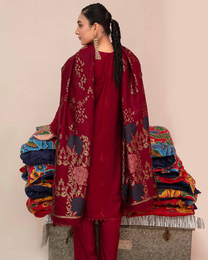 Gullerukh Riwaj | Embroidered Peach Wool with Acrylic Shawl | Design 2