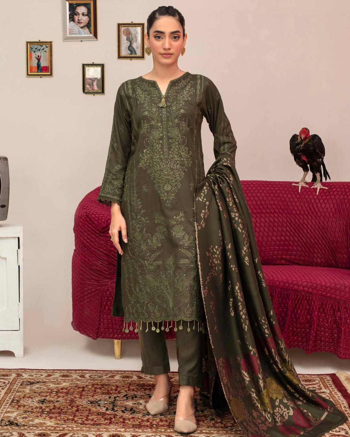 Gullerukh Riwaj | Embroidered Peach Wool with Acrylic Shawl | Design 3