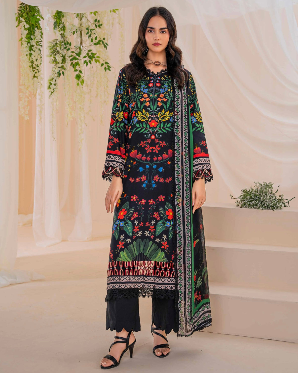Coral Fall Edit | Printed Linen with Chiffon Dupatta | Design 3