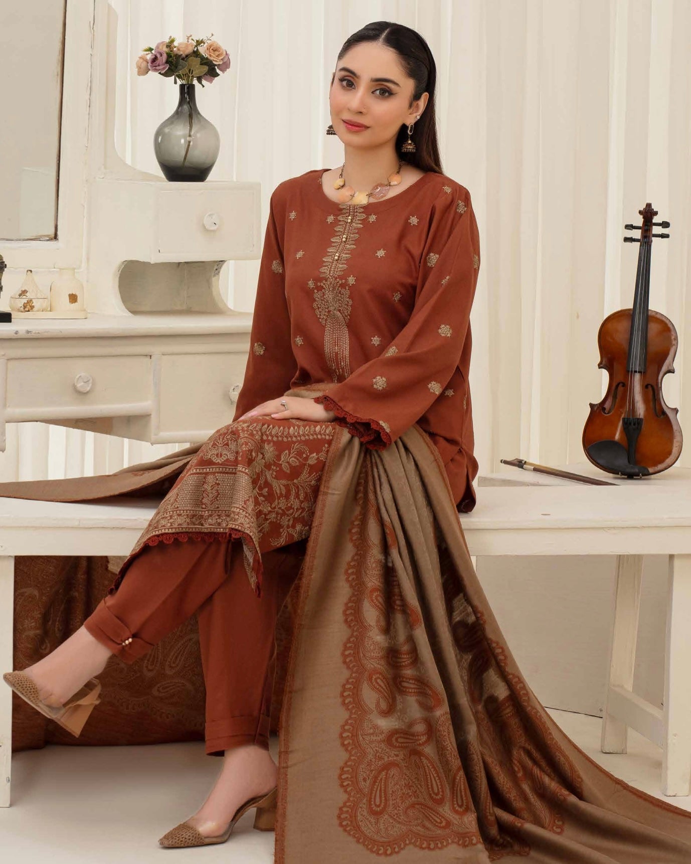 Gull-e-Rukh | Embroidered Dhanak Pashmina Shawl | Design 3