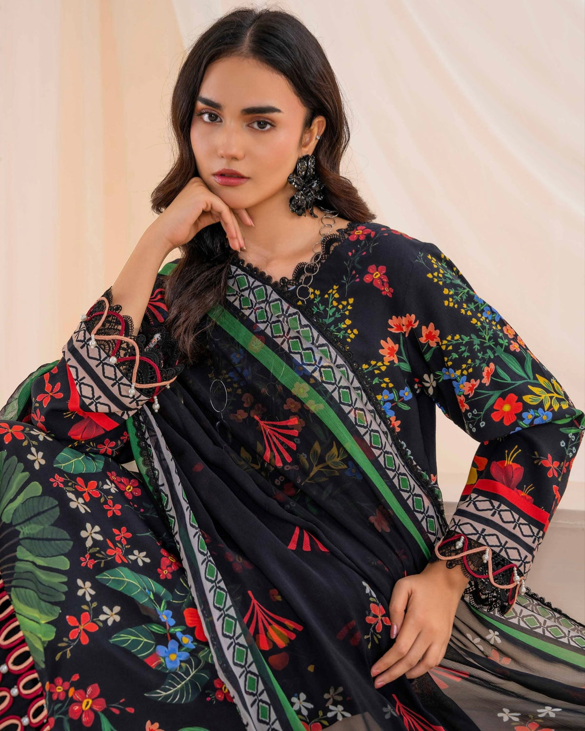 Coral Fall Edit | Printed Linen with Chiffon Dupatta | Design 3
