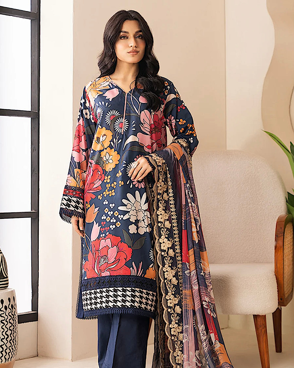 Johra Ehaab | Printed Lawn Emb Dupatta | Design 424