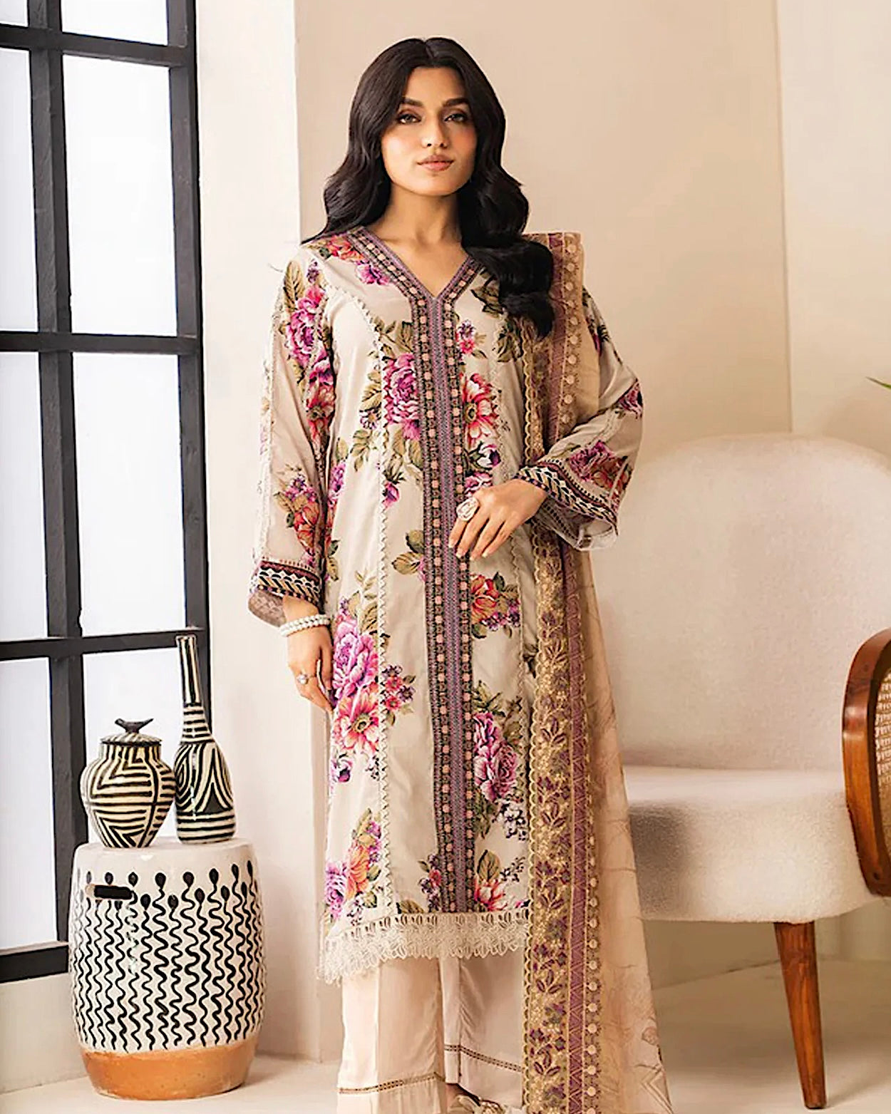 Johra Ehaab | Printed Lawn Emb Dupatta | Design 430