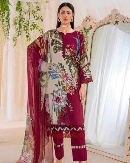 Coral Fall Edit | Printed Linen with Chiffon Dupatta | Design 4