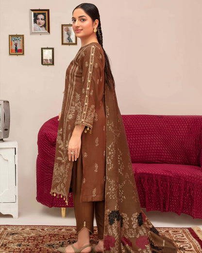 Gullerukh Riwaj | Embroidered Peach Wool with Acrylic Shawl | Design 4