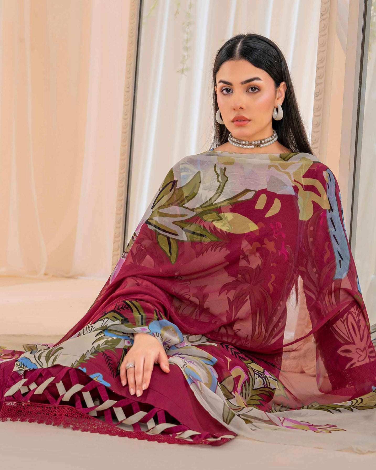Coral Fall Edit | Printed Linen with Chiffon Dupatta | Design 4