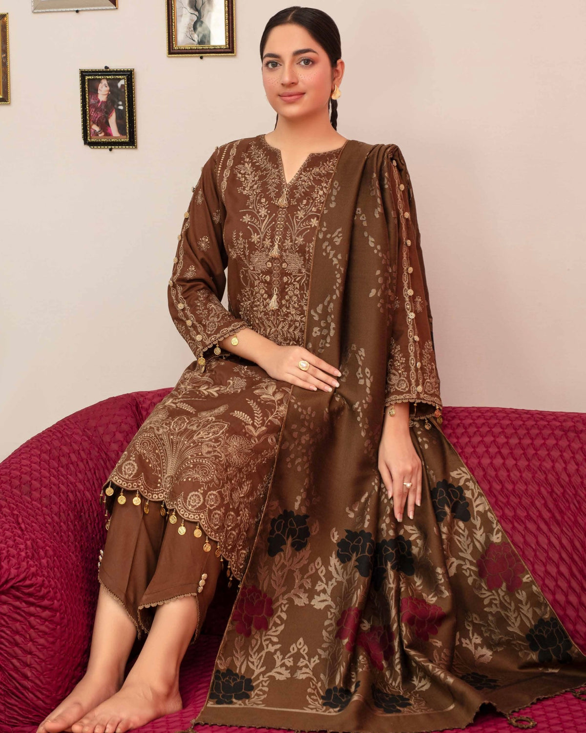 Gullerukh Riwaj | Embroidered Peach Wool with Acrylic Shawl | Design 4