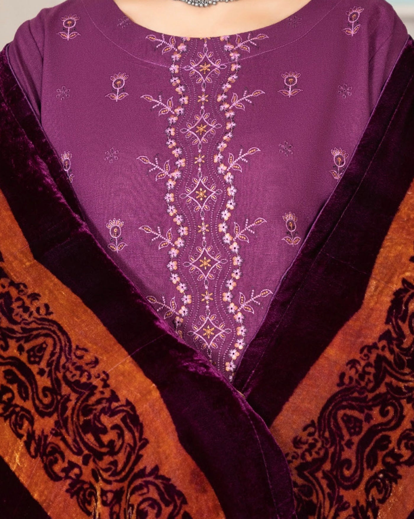 Rangreet | Embroidered Zari Dhanak | Plachi Shawl | Design 4