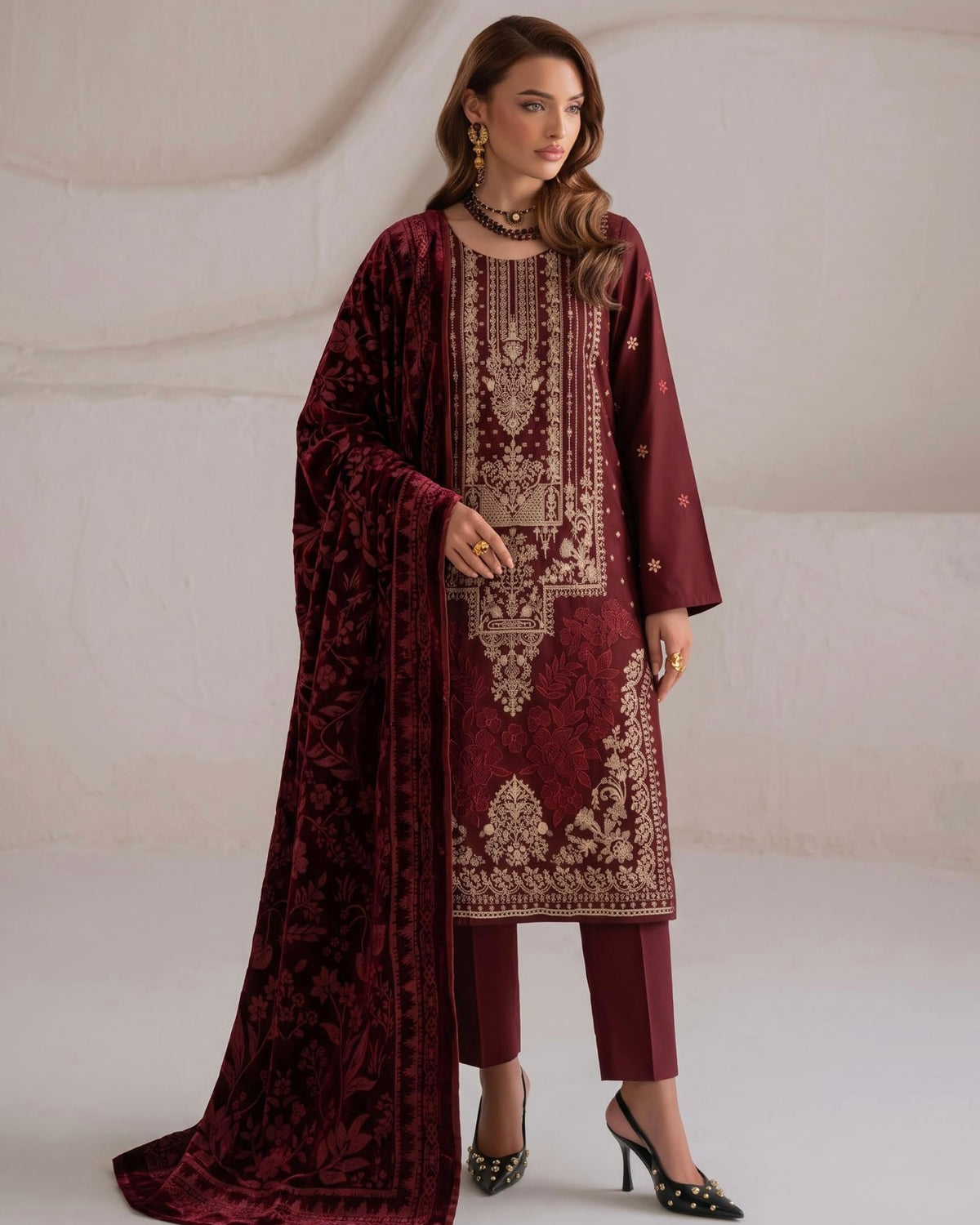 Aizy Zelora | Emb Zari Dhanak with Plachi Shawl | Design 5