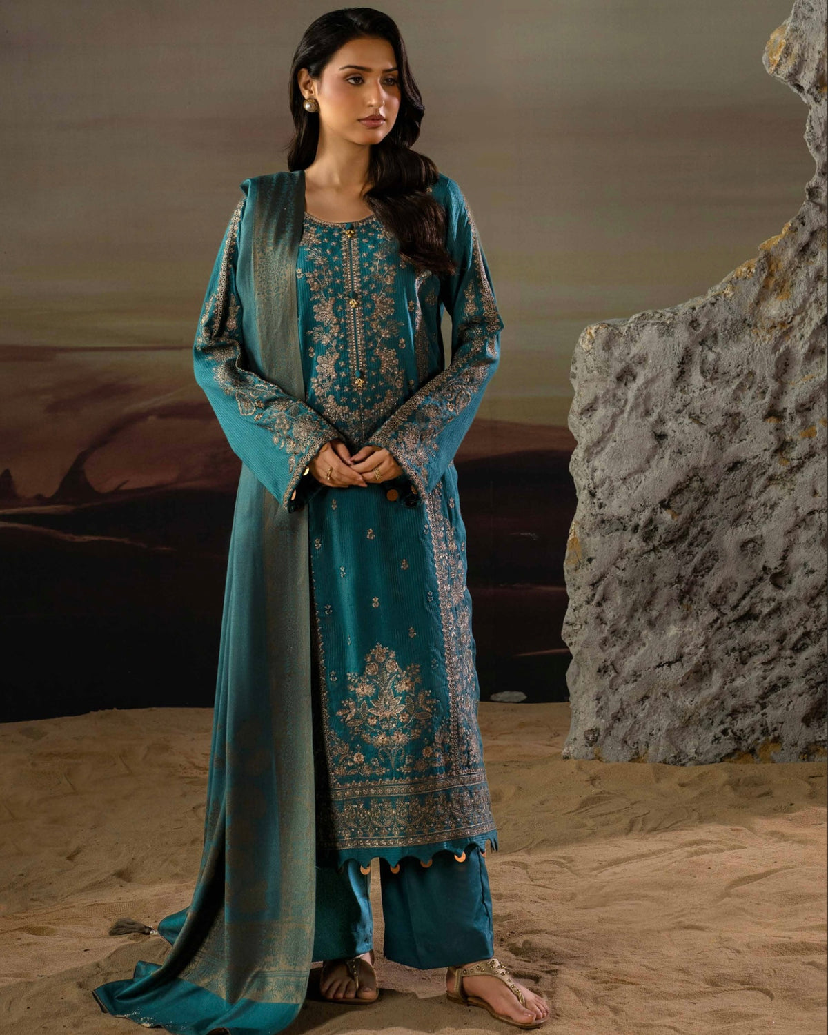 Gullerukh Goonj | Embroidered Stripe Dhanak Wool | Design 5