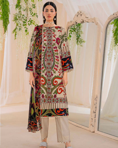 Coral Fall Edit | Printed Linen with Chiffon Dupatta | Design 5