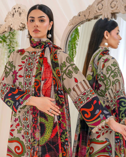 Coral Fall Edit | Printed Linen with Chiffon Dupatta | Design 5
