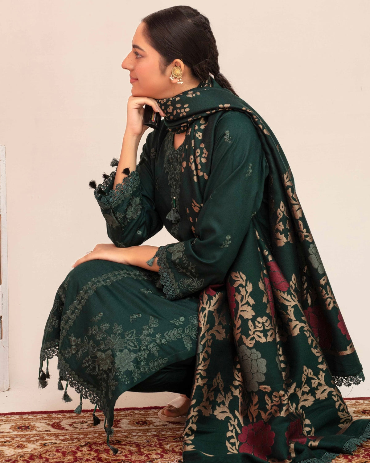 Gullerukh Riwaj | Embroidered Peach Wool with Acrylic Shawl | Design 5