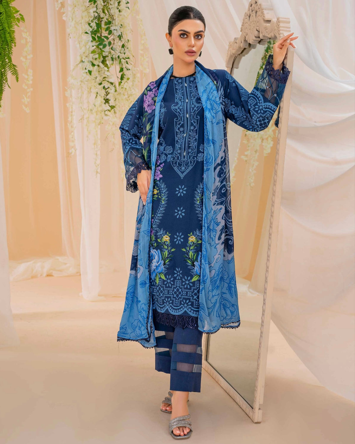 Coral Fall Edit | Printed Linen with Chiffon Dupatta | Design 6