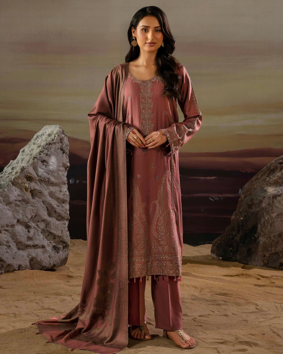 Gullerukh Goonj | Embroidered Stripe Dhanak Wool | Design 6