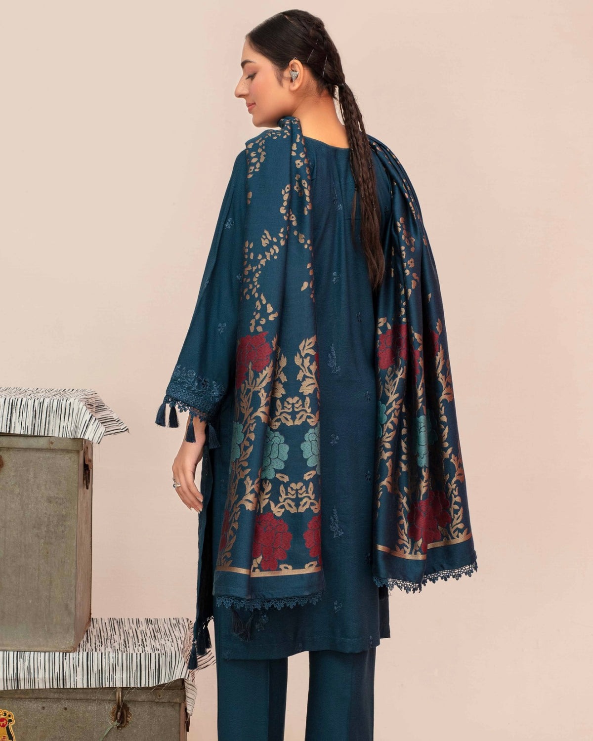 Gullerukh Riwaj | Embroidered Peach Wool with Acrylic Shawl | Design 6