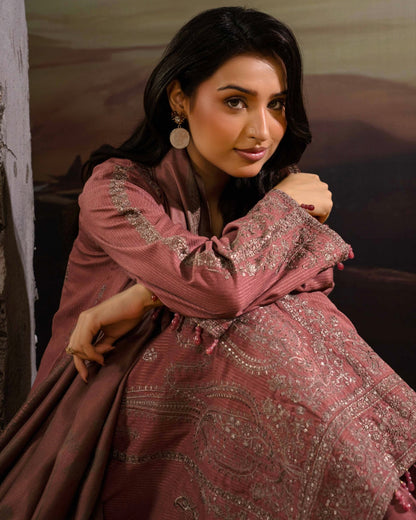 Gullerukh Goonj | Embroidered Stripe Dhanak Wool | Design 6