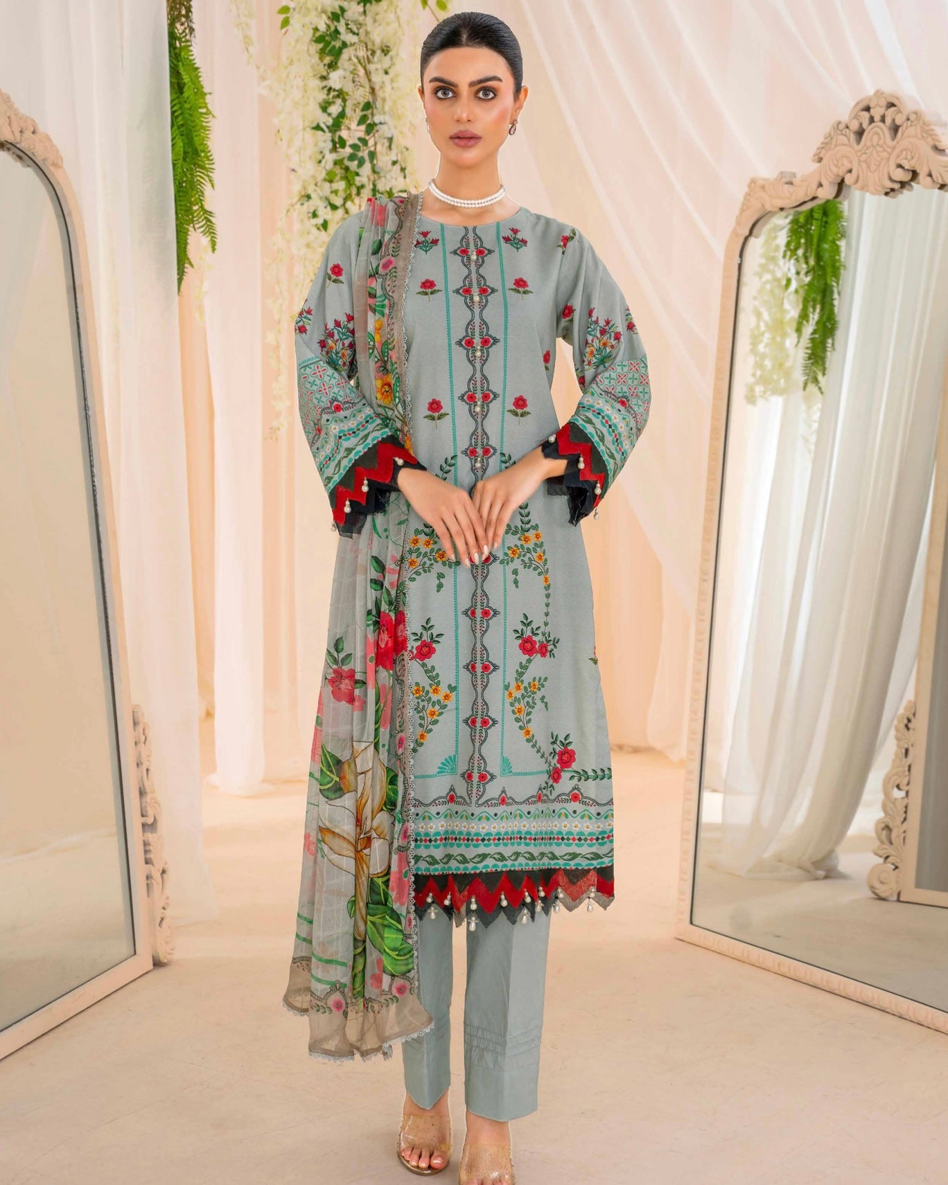 Coral Fall Edit | Printed Linen with Chiffon Dupatta | Design 7