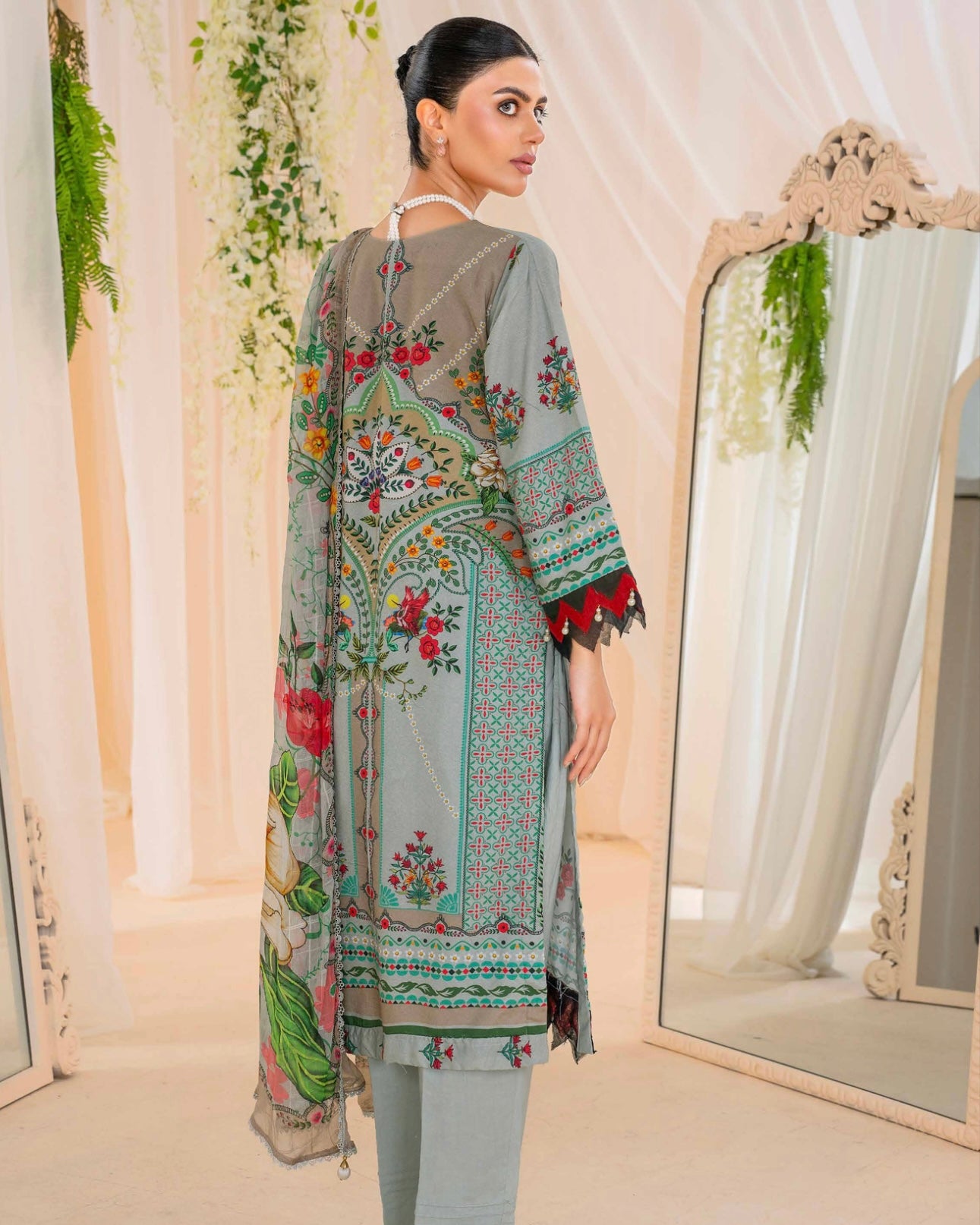 Coral Fall Edit | Printed Linen with Chiffon Dupatta | Design 7