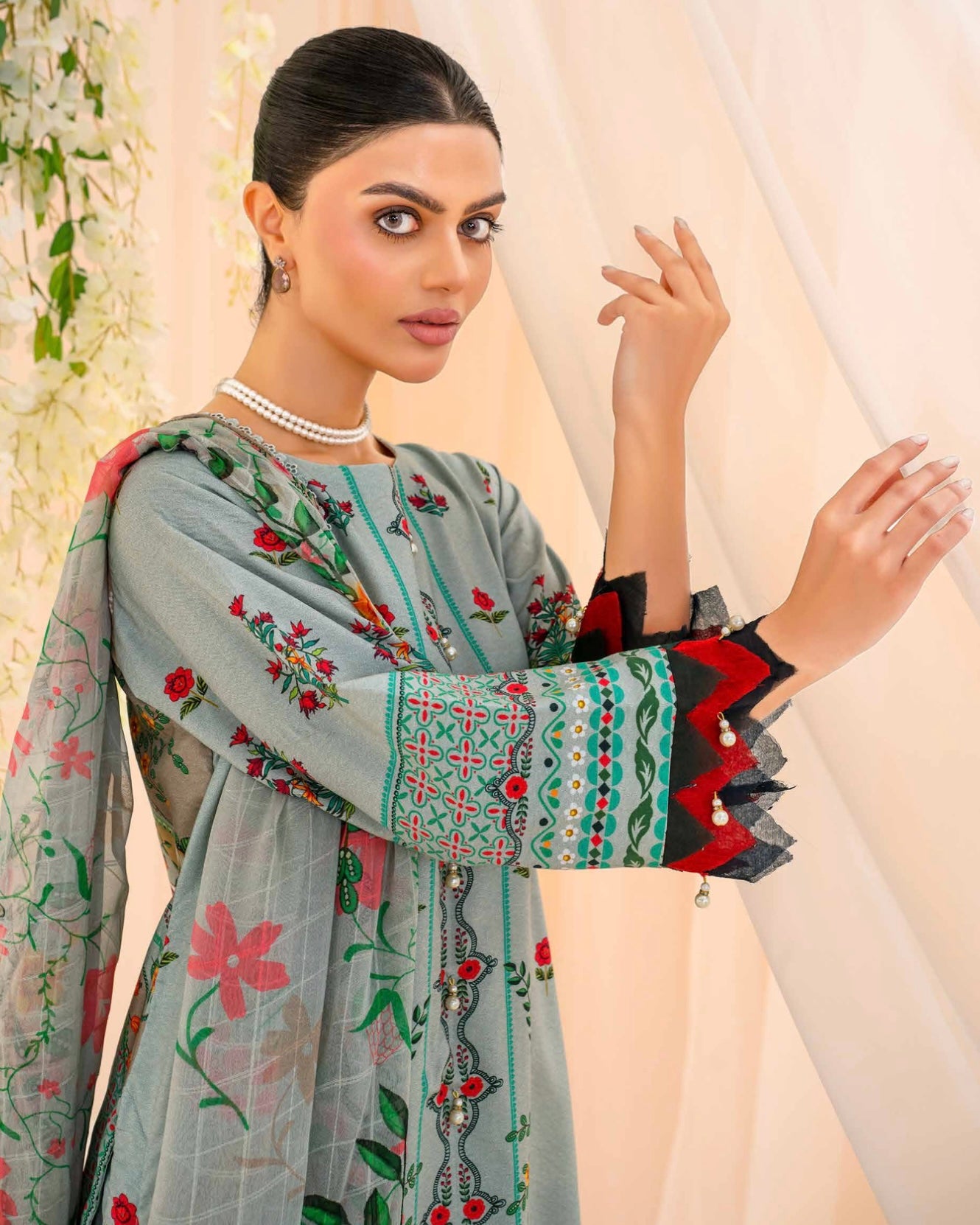 Coral Fall Edit | Printed Linen with Chiffon Dupatta | Design 7
